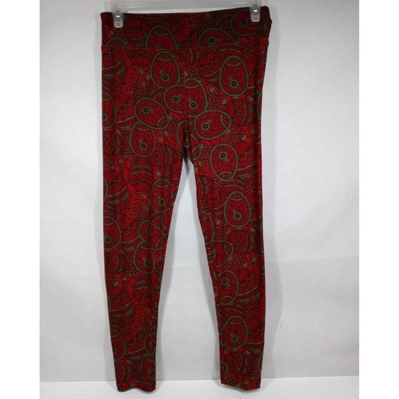 New LuLaRoe Tall & Curvy Leggings Red With Olive Green Floral Paisley Designs - Picture 2 of 6